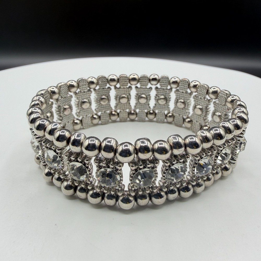 Wide Silver Tone Clear Rhinestone Stretch Bracelet Beaded Statement Jewelry